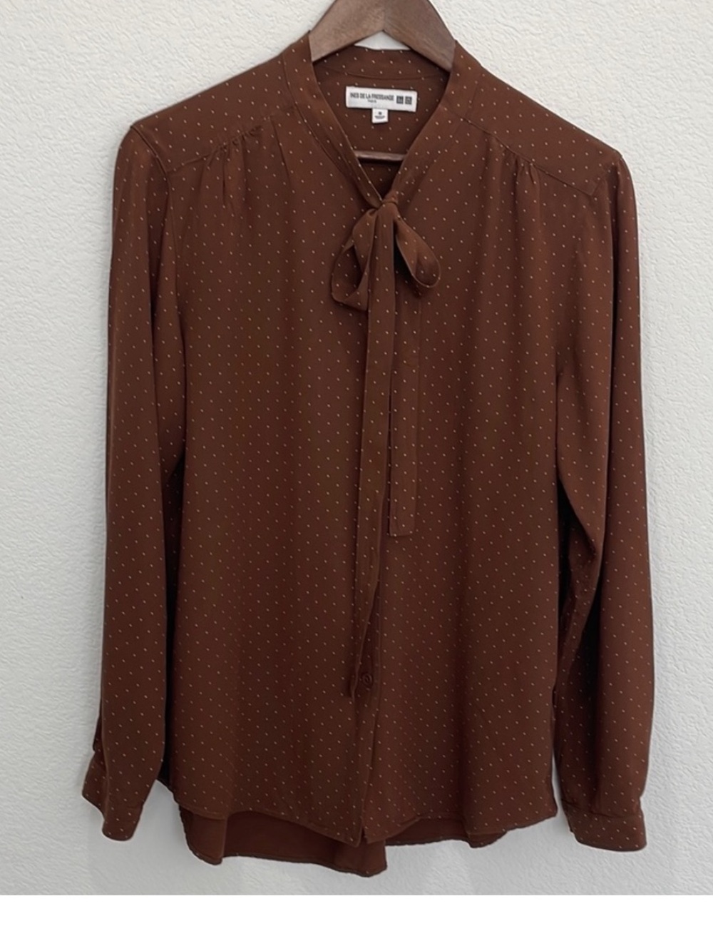 Women's Brown Tie-Neck Blouse with Subtle Dot Print